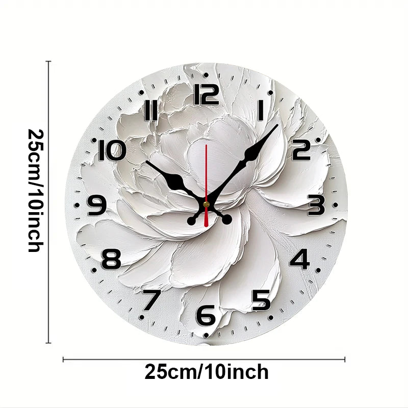 White Peony Wooden Round Silent Hanging Wall Clock, Suitable For Living Room, Office, Study Room, Bedroom, Home Decoration
