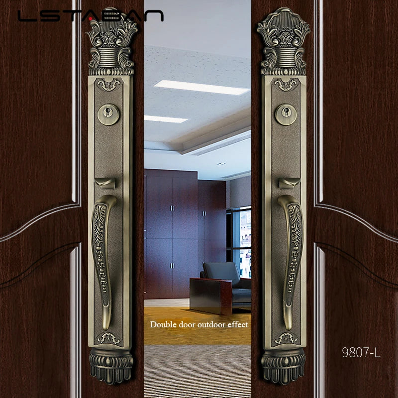 Premium European villa door lock with antique bronze finish and intricate detailing on a wooden door.