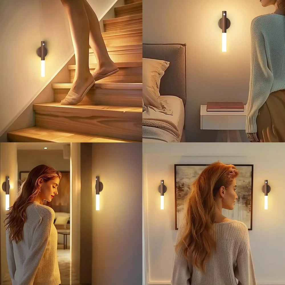 Rechargeable magnetic wall sconces with motion sensor and wooden base, ideal for bedroom and stair lighting.