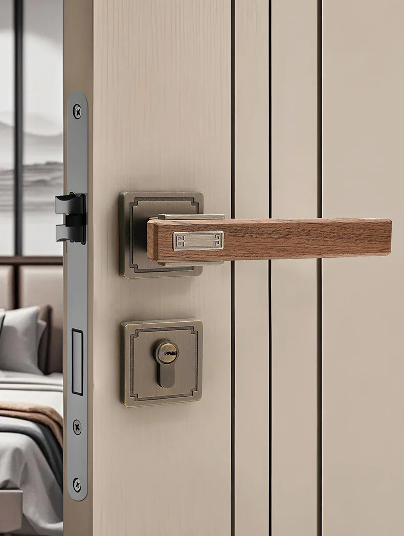 Chinese Style Indoor Household Bedroom Door Lock Magnetic/silent Split Walnut Wood Door Handle Lock