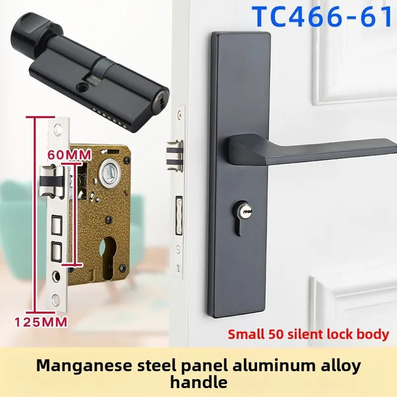 Complete Door Lock Set for Indoor Bedroom, Black Bathroom Solid Wood Handle Silent Home Door Lock, Includes Lock Body and Core