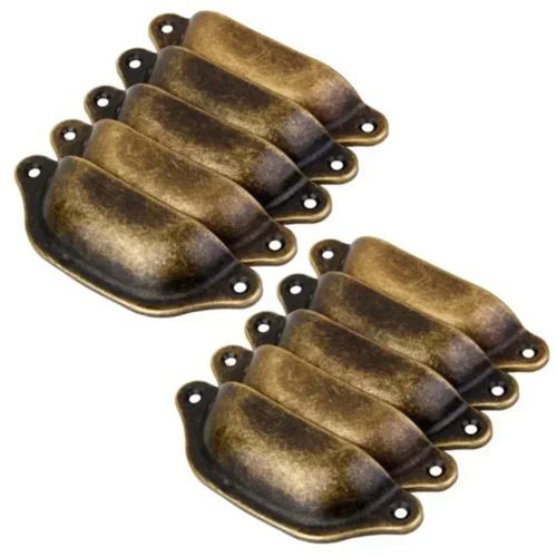 Set of 10 retro antique iron industrial chic cupboard handles in a cup shape with a distressed finish, ideal for furniture hardware.