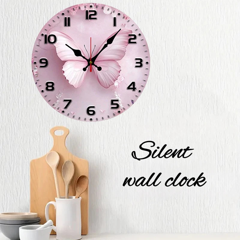 Pink Butterfly Wooden Round Silent Hanging Wall Clock on white wall with kitchen utensils, ideal for home decor.