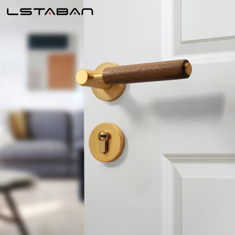 Nordic-style split mute anti-theft door lock with walnut wood handle and gold finish, installed on a white door in a modern setting.
