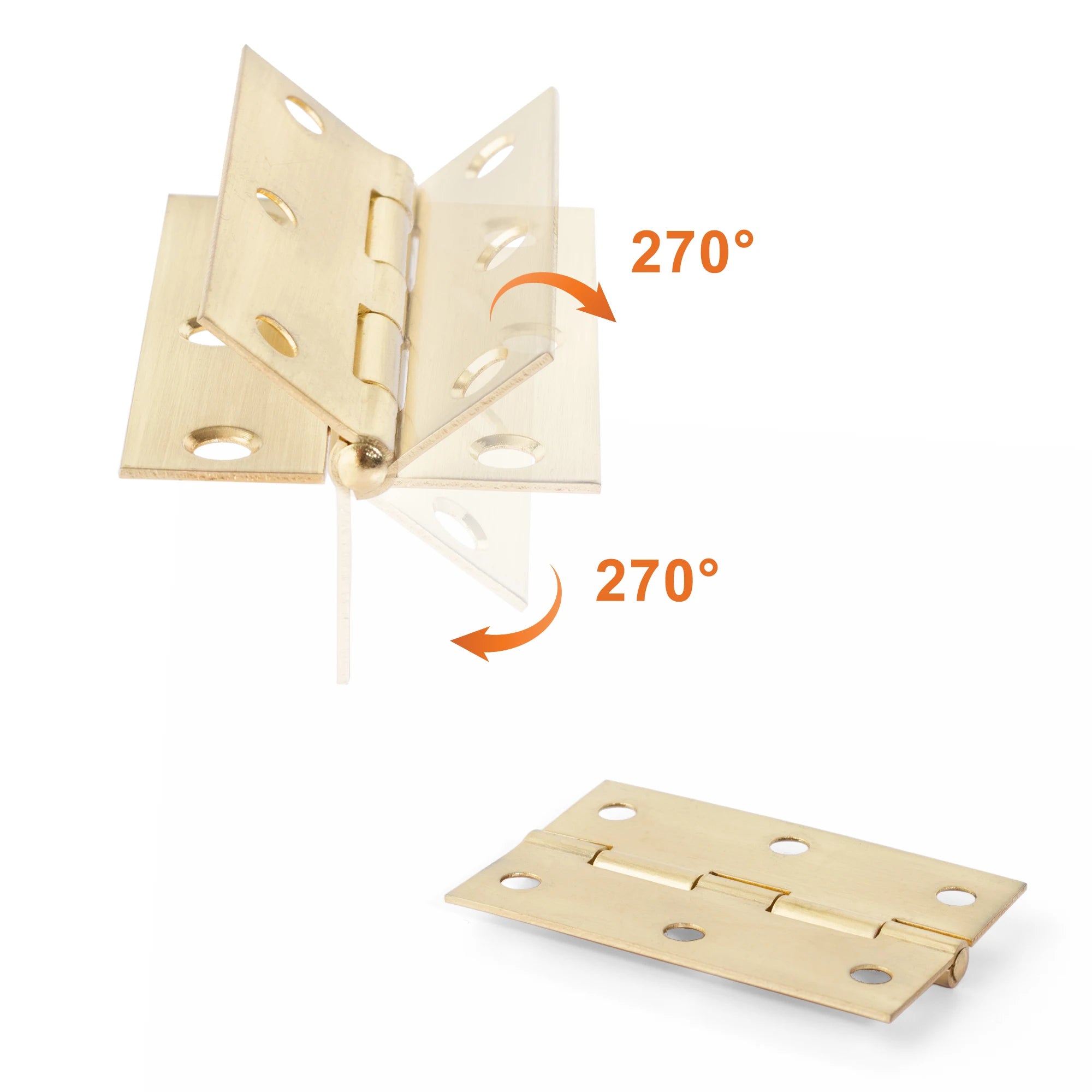 Premium stainless steel 270-degree cabinet hinge with brushed finish and six screw holes.