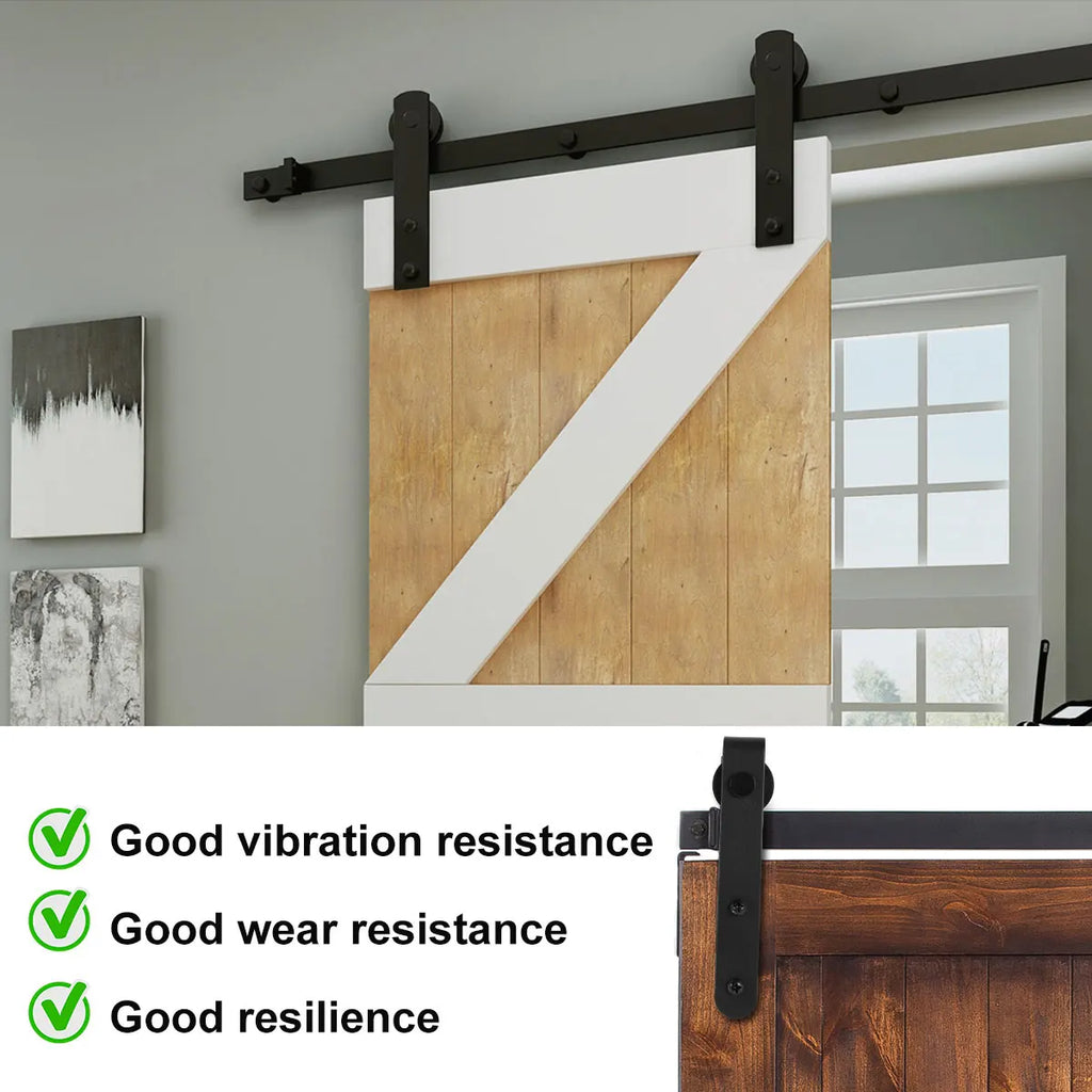 Sliding Barn Door Hardware Kit with Black J Shape Hanger, showcasing smooth and quiet operation, easy installation, and durability features.