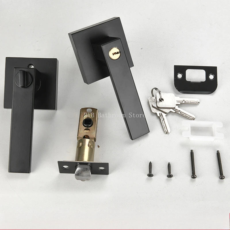 Black square door handle lock set with keys and mounting hardware for interior doors.