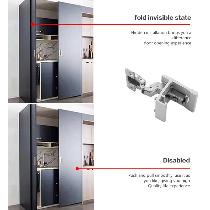 Hidden butterfly door slide hardware kit for cabinets with side-mounted plug-in design, showing cabinet doors in open and closed states.