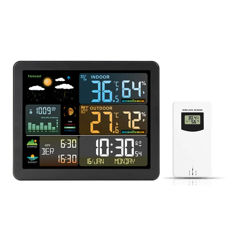 Wireless weather station with colorful display showing temperature, humidity, weather forecast, and dual alarm clock, accompanied by a wireless sensor.