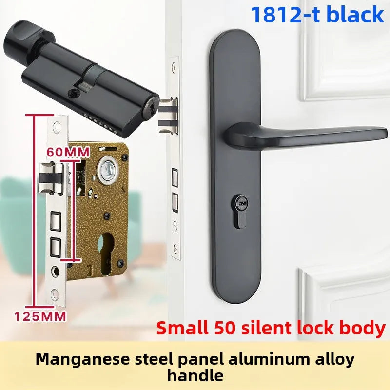 Complete Door Lock Set for Indoor Bedroom, Black Bathroom Solid Wood Handle Silent Home Door Lock, Includes Lock Body and Core