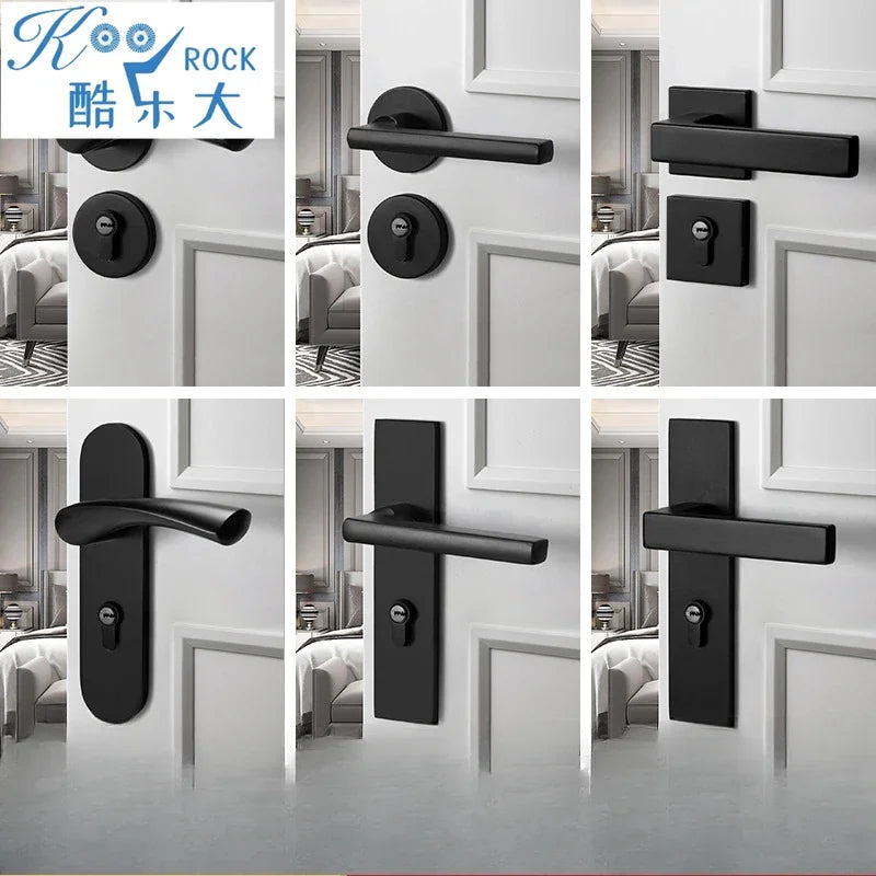 Black American style indoor door lock with integrated magnetic silent operation, featured on a white door with various handle designs.