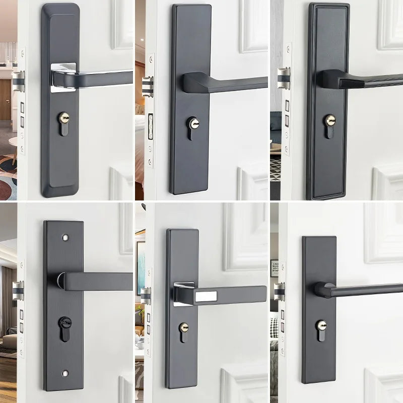 Complete black door lock set with solid wood handle for indoor bedroom and bathroom, featuring a modern rectangular design.