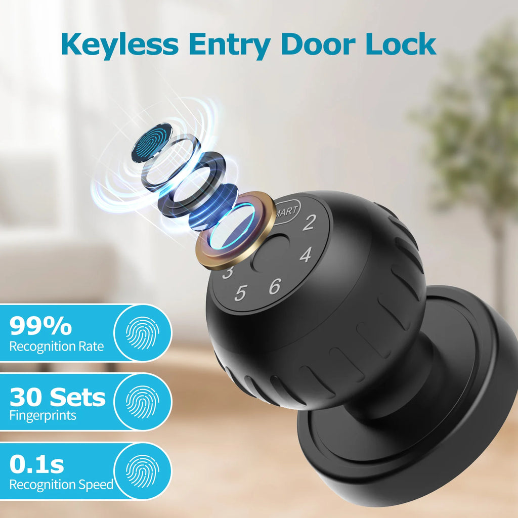 Viladepot ball-shaped smart lock with fingerprint recognition, app control, and electronic touchscreen keypad, featuring a 99% recognition rate and 0.1-second speed.