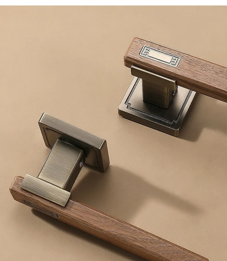 Chinese Style Indoor Household Bedroom Door Lock Magnetic/silent Split Walnut Wood Door Handle Lock