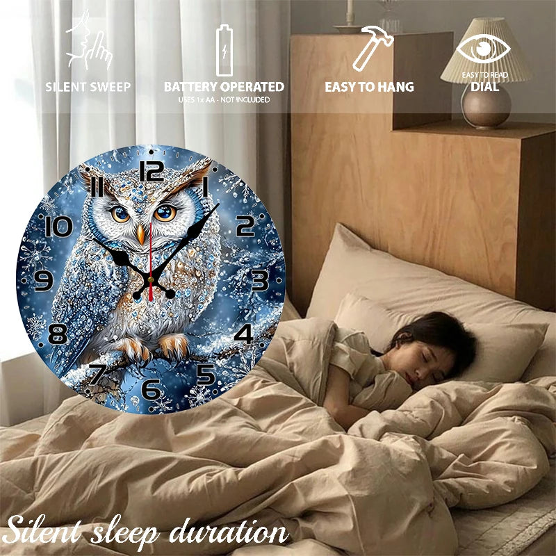 Snowy Owl Wooden Round Silent Hanging Wall Clock, Suitable For Living Room, Office, Study Room, Bedroom, Home Decoration