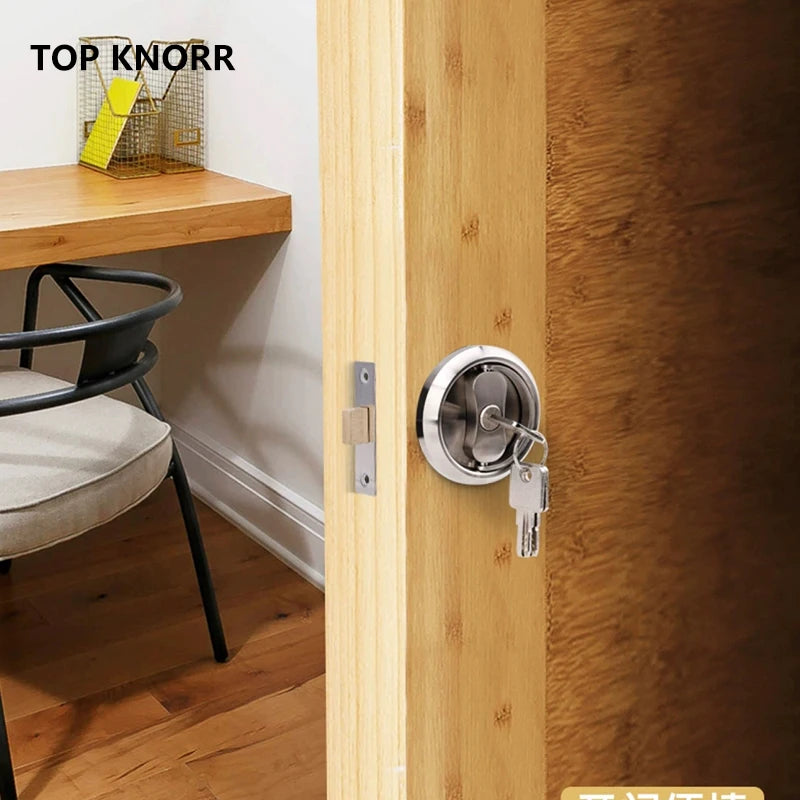 304 Stainless Steel Invisible Door Lock with double hook and anti-theft features installed on a wooden sliding door.