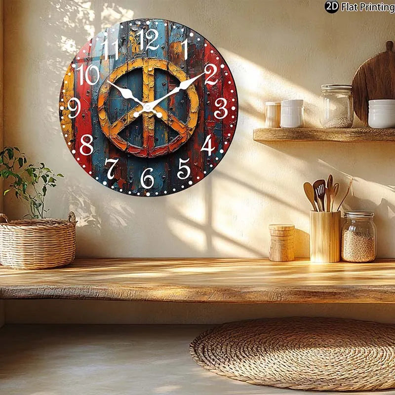 Wooden Silent Wall Clock Abstract peace symbol art Quartz Analog Clock Farmhouse,Office Idea Christmas Halloween