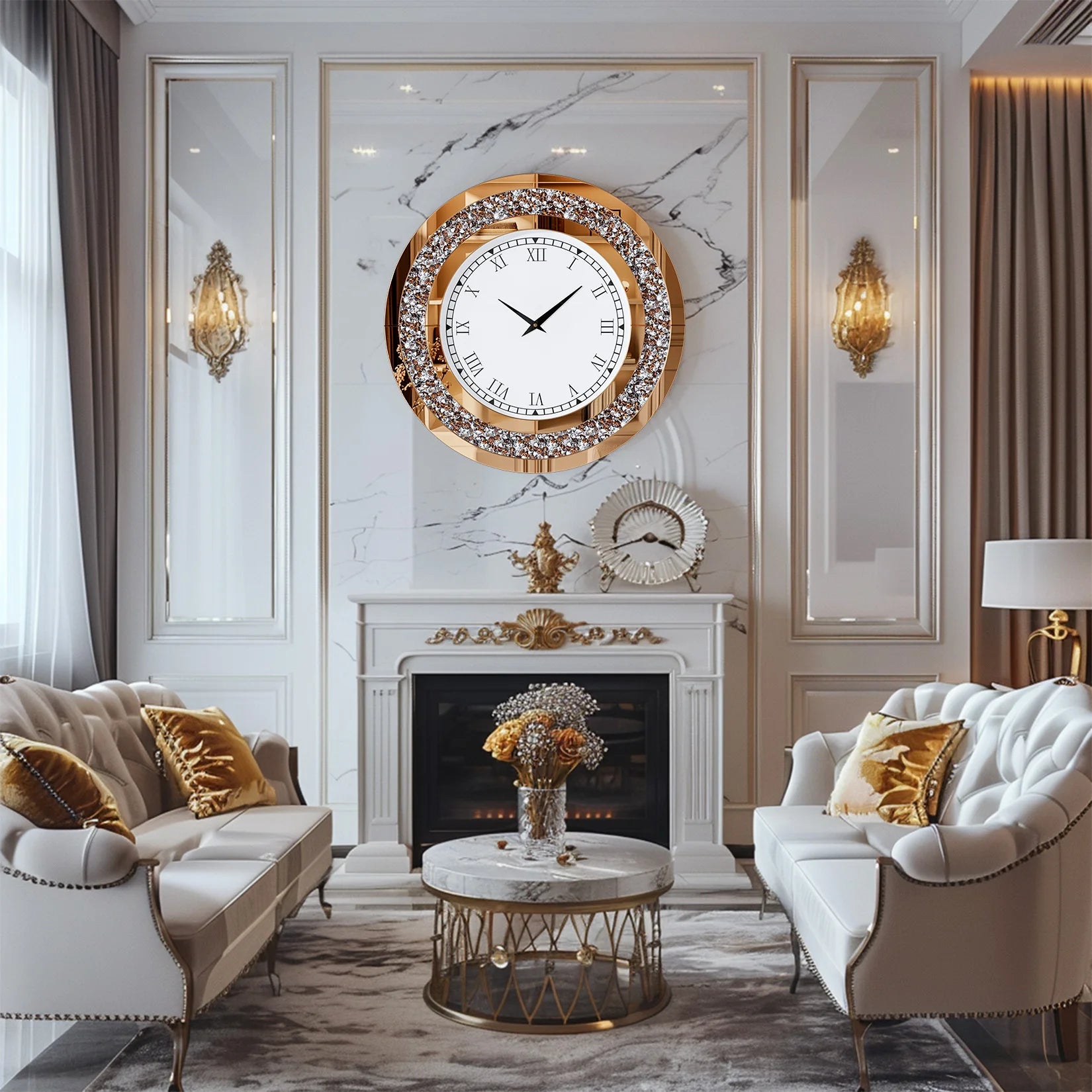 Luxury large mirrored wall clock with crystal embellishments above a fireplace in a lavish living room.