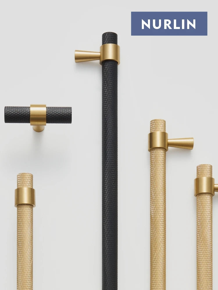 Nurlin Brass Diamond Cut Cross Knurl Pattern Cabinet Door Handles in Black and Gold T-Bar Designs