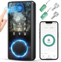 Fingerprint smart door lock with electronic keypad, featuring biometric scanner, RFID fobs, physical keys, and smartphone app integration.