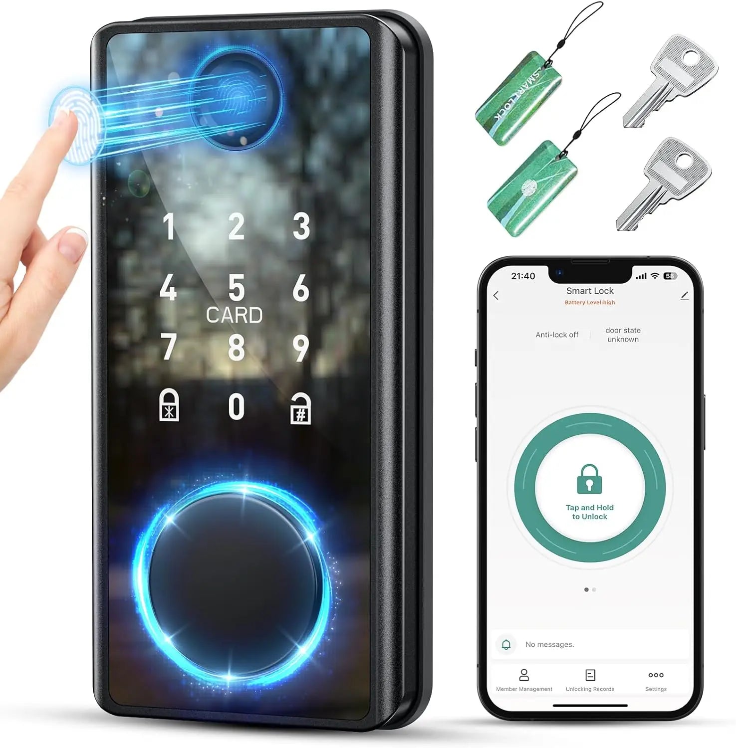 Fingerprint smart door lock with electronic keypad, featuring biometric scanner, RFID fobs, physical keys, and smartphone app integration.