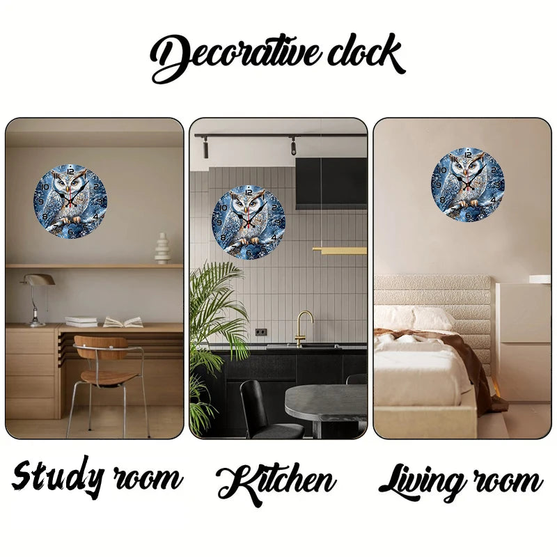 Snowy Owl Wooden Round Silent Hanging Wall Clock, Suitable For Living Room, Office, Study Room, Bedroom, Home Decoration