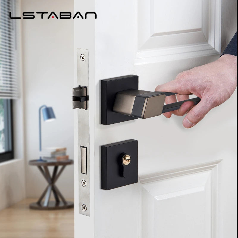 Zinc alloy silent door lock in matte black, shown on a white door with hand operating the handle, stylish and modern design.