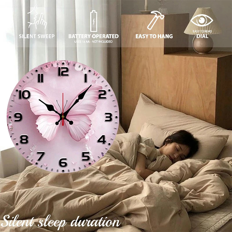 Pink butterfly wooden wall clock with silent sweep, perfect for bedrooms and living spaces.