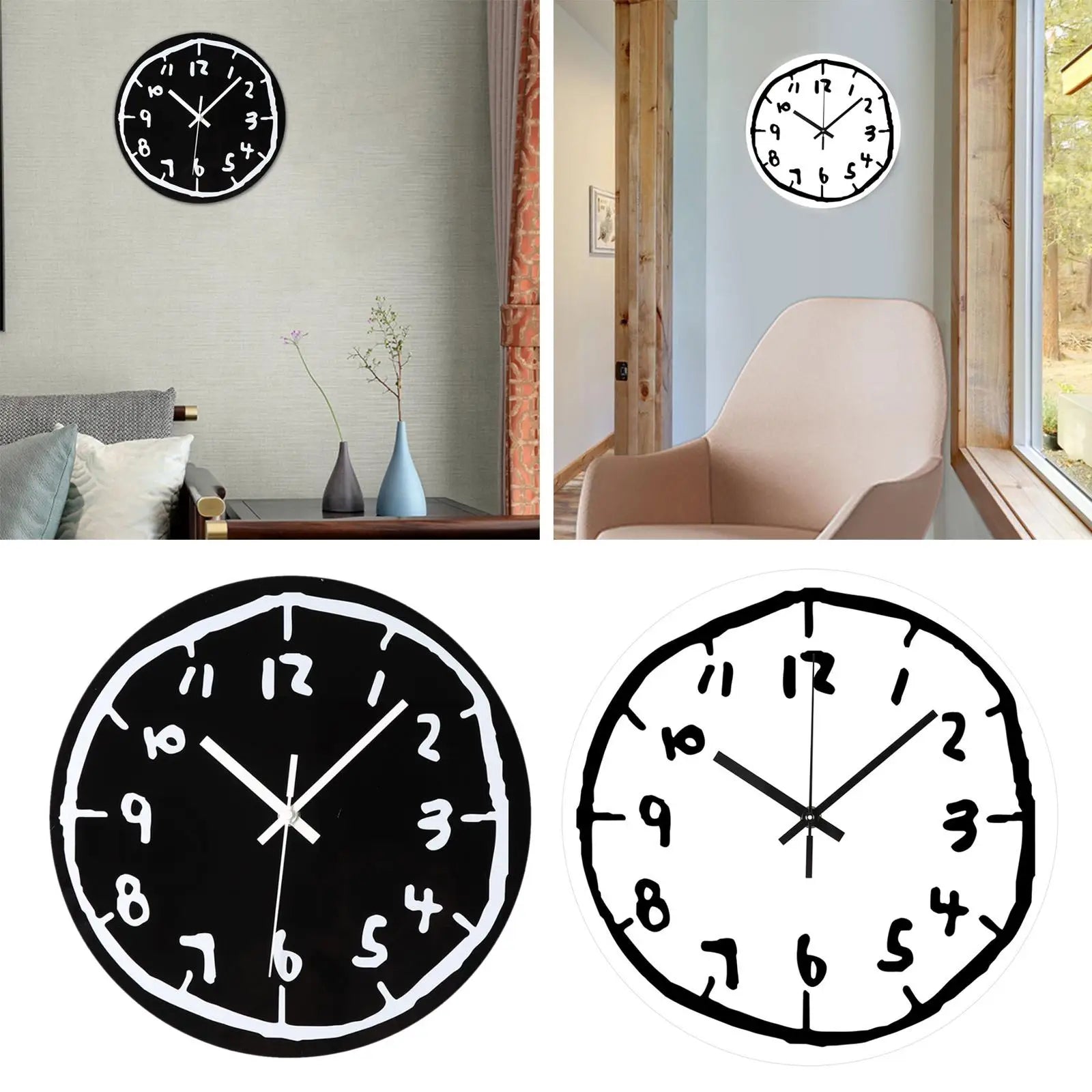 Unique fashion creative wall clock with hand-drawn numerals in black and white, ideal for home decor in kitchen, study, or living room.