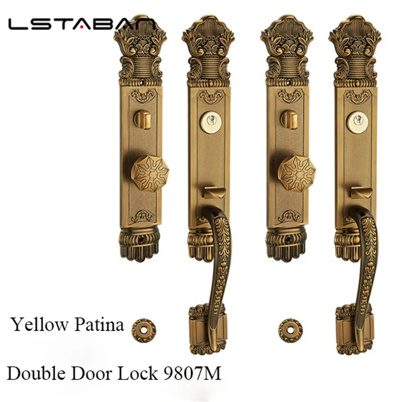 Luxury European Solid wood Villa Interior Door Lock Gate Outdoor Double Open Yellow Bronze Wooden Door Lock