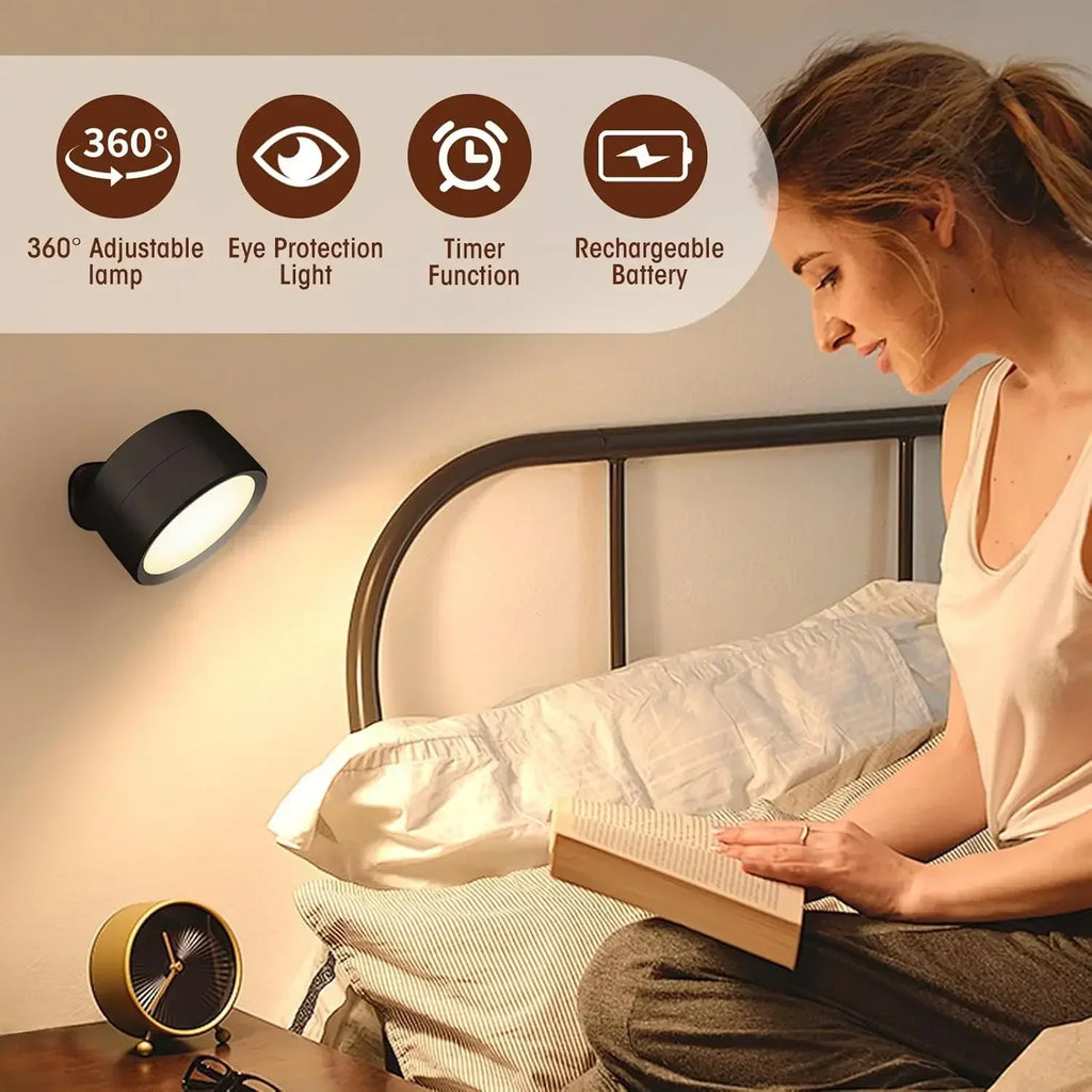 LED Wall Sconce with 360° rotation, 3 brightness levels, 3 color modes, and touch control, perfect for bedside reading with battery operation.