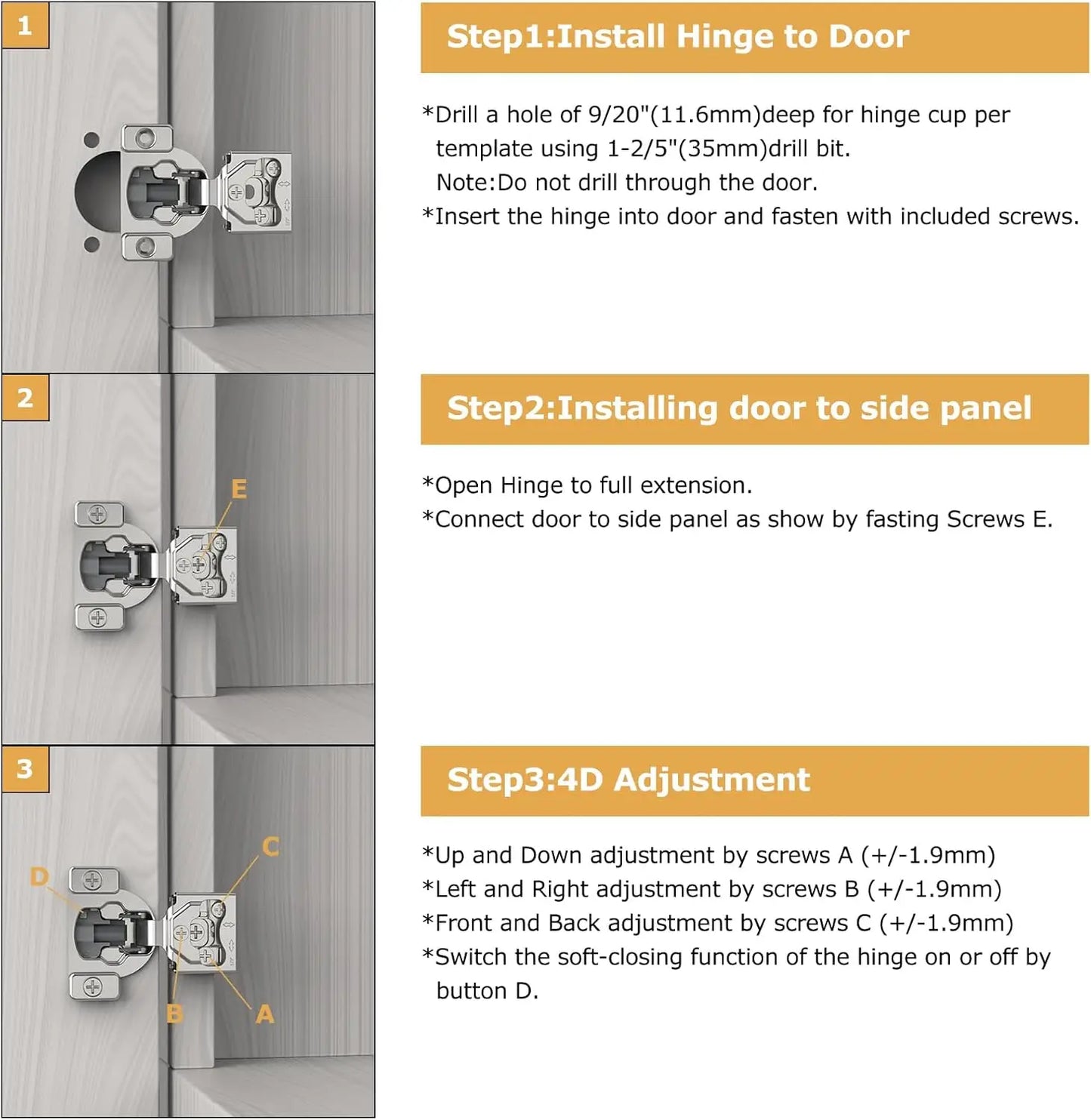 Viladepot 1/2" Cabinet Hinges Small Overlay Concealed Face Frame Hinges 105° Open Angle 4D Adjustable Soft Close Self Closing