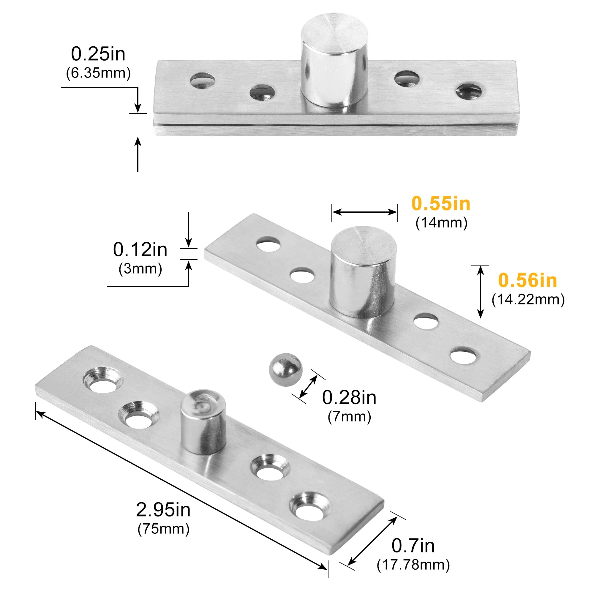 Stainless steel pivot hinge with central and offset-axes rotation for 360-degree wooden door installation, includes precise measurements.