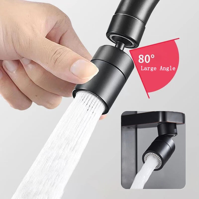 Premium Rotatable Kitchen Faucet with 80-degree large angle rotation in matte black finish, demonstrating high-pressure water flow.