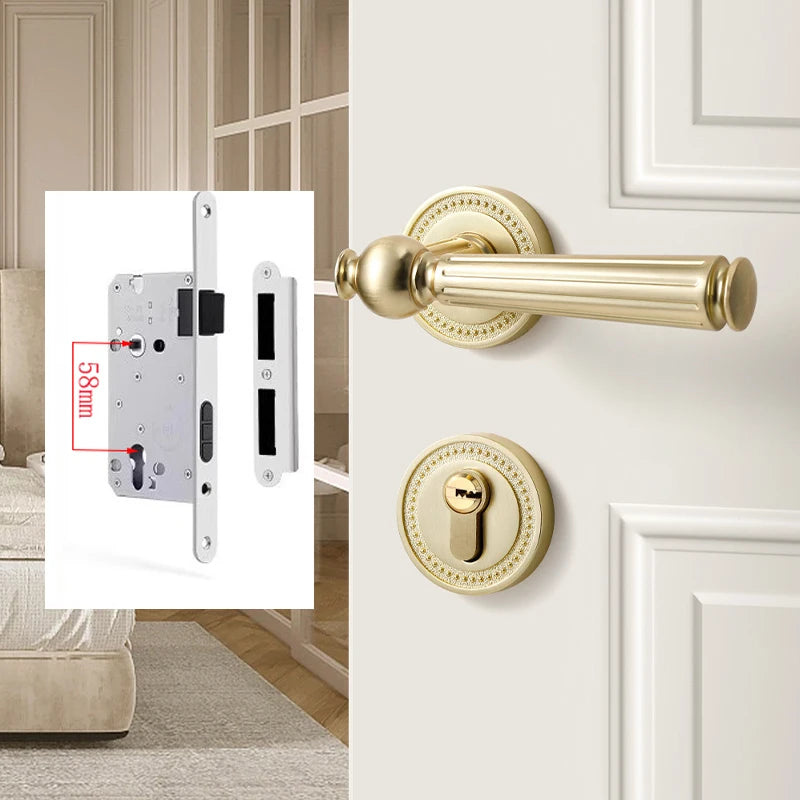 French door lock for indoor and household use, copper brushed matte wood door, split handle, bedroom silent lock