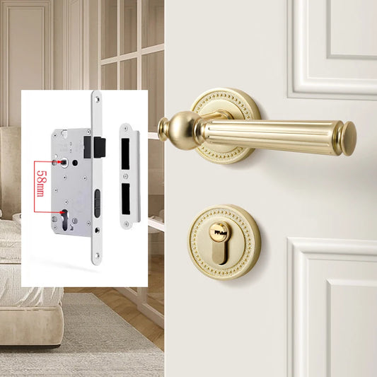 French door lock for indoor and household use, copper brushed matte wood door, split handle, bedroom silent lock