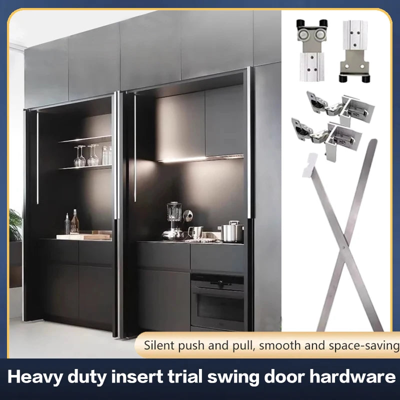Hidden butterfly door slide hardware kit for cabinets, featuring side-mounted plug-in folding door hinges and tracks.