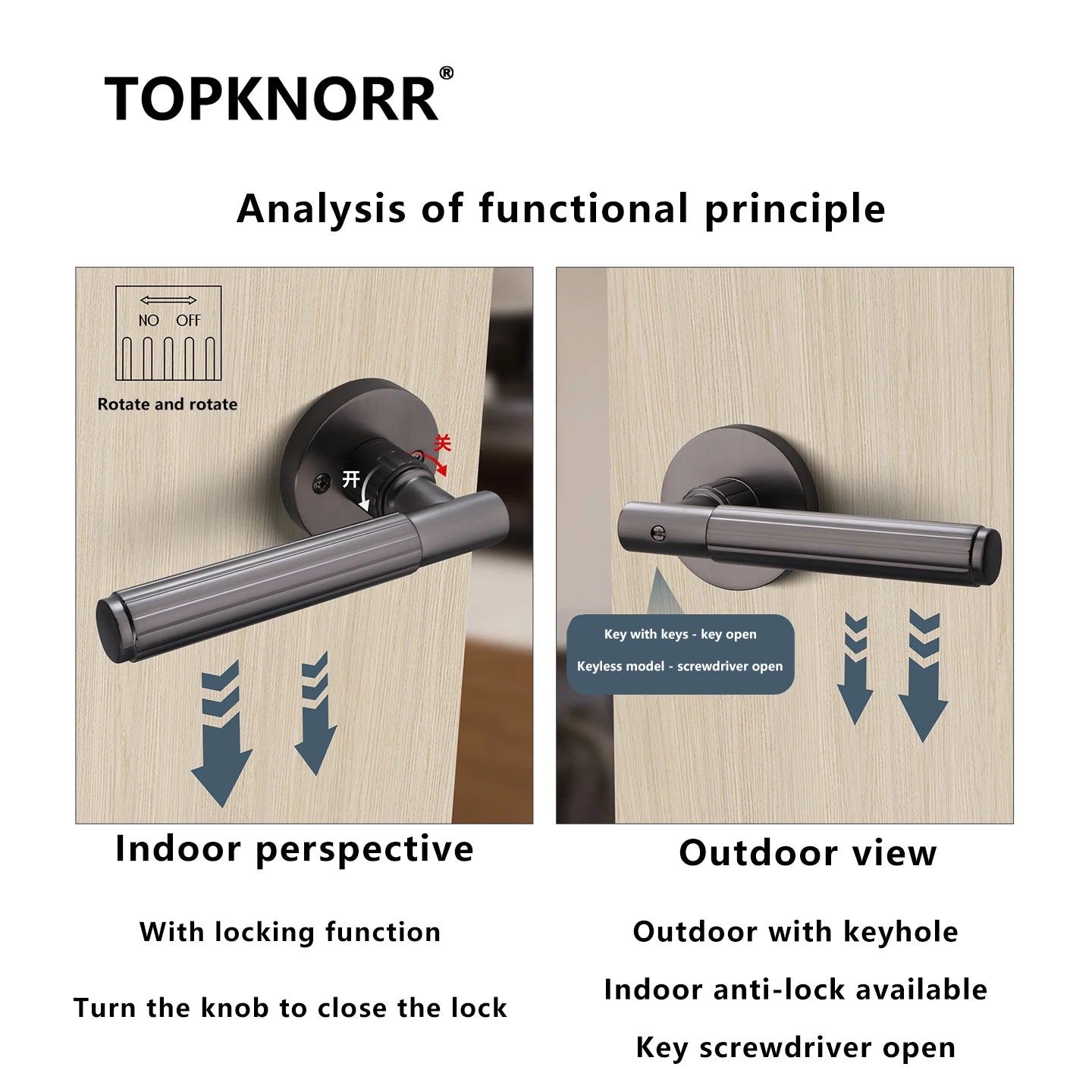 Black magnetic mute door lock with indoor and outdoor views, featuring key and keyless options on a wooden door.