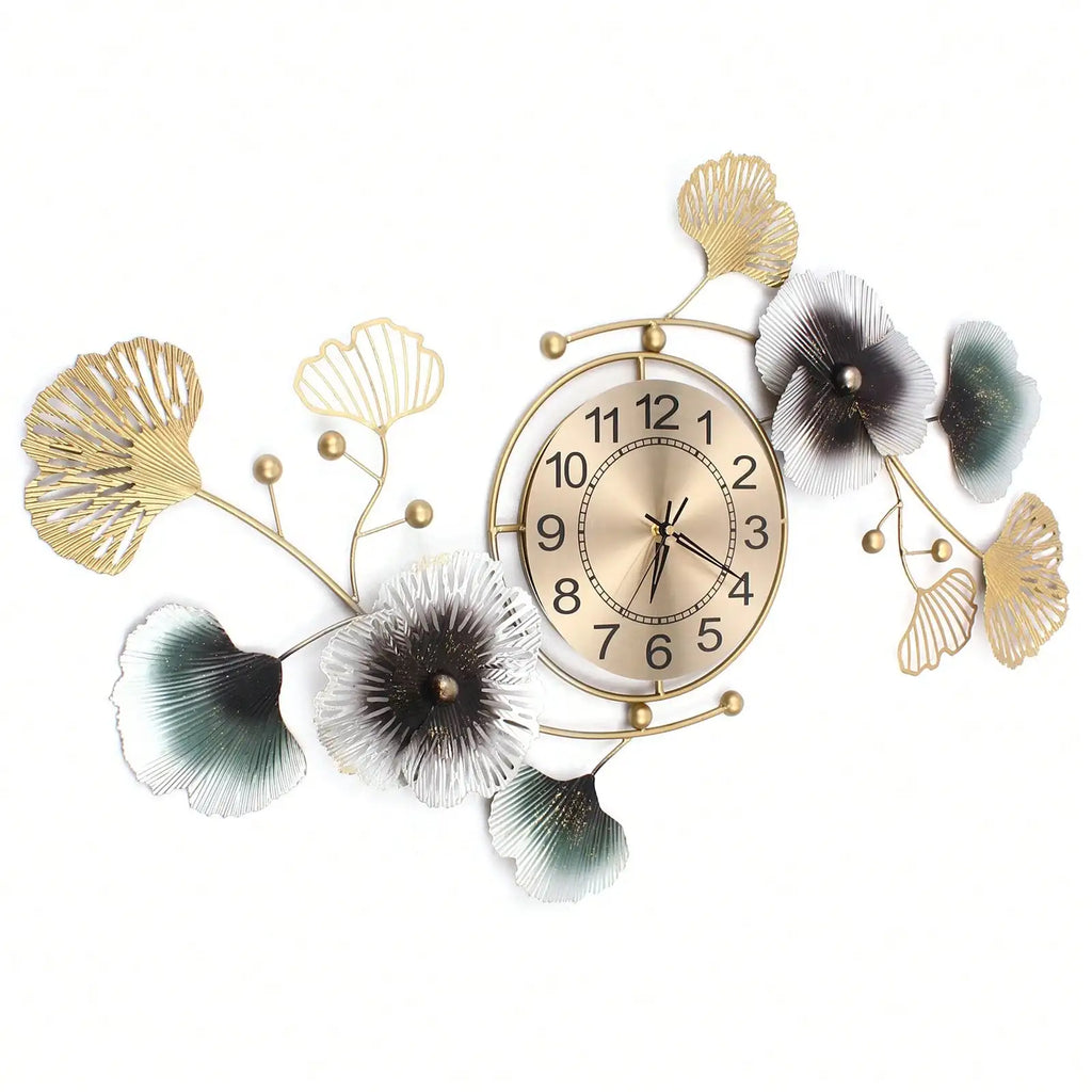 Large luxury ginkgo leaf mute wall clock in gold and gradient colors, 90x45cm, ideal for living room and office decor.