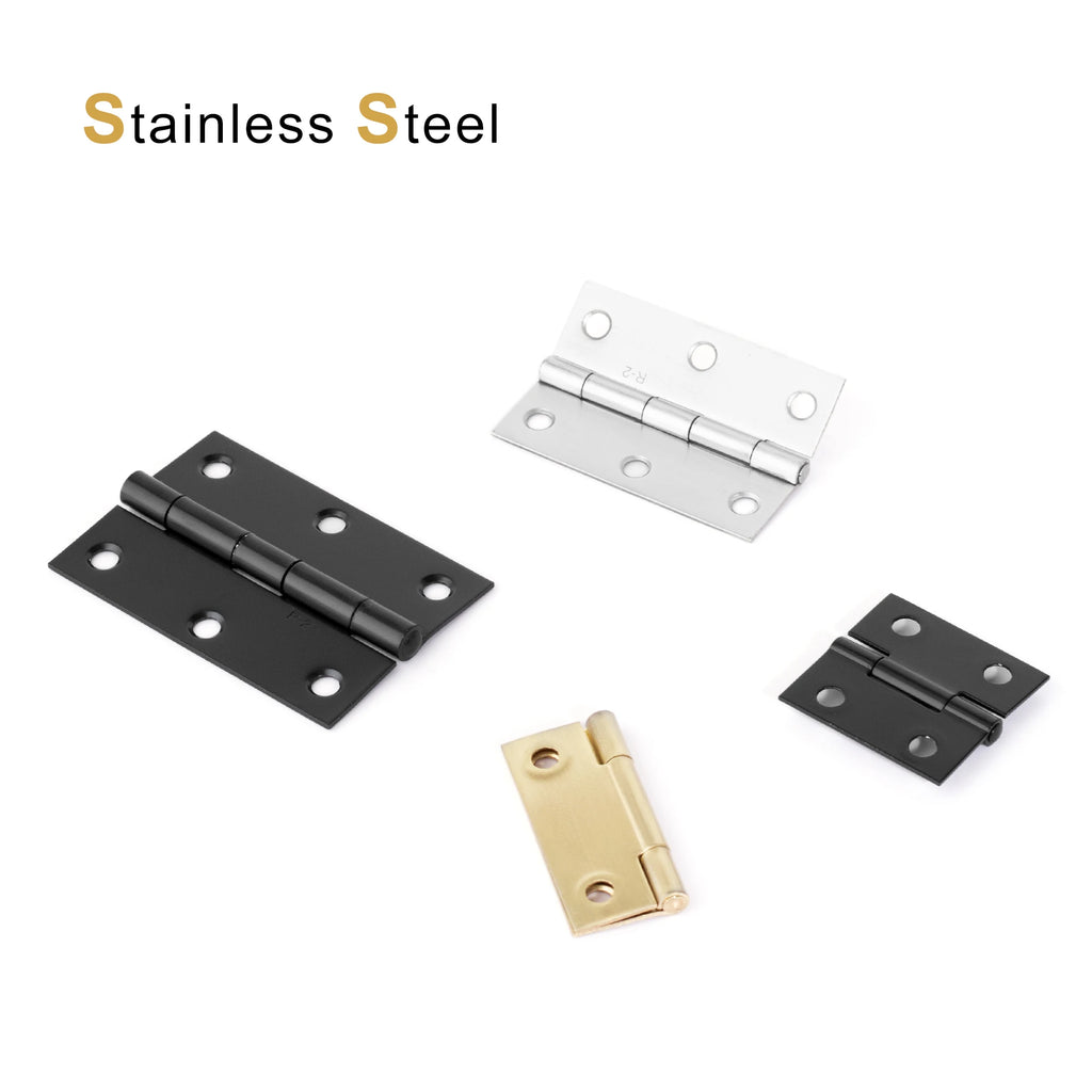 Four premium stainless steel cabinet hinges in black, silver, and gold finishes on a white background.