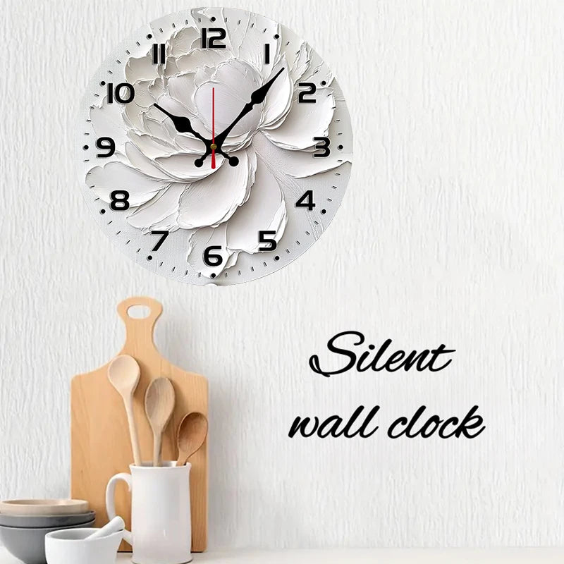 White Peony Wooden Round Silent Hanging Wall Clock, Suitable For Living Room, Office, Study Room, Bedroom, Home Decoration