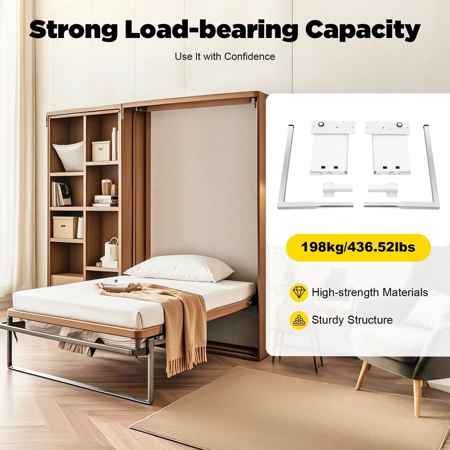 27*34.5cm Silver+ White Wall Bed Hinge Kit, 198kg Load-bearing Metal Bed Hinge Kit Suitable for Medium-sized Wall Beds
