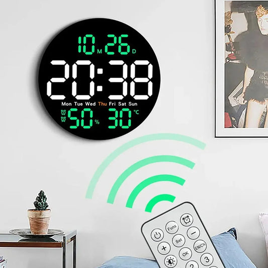 10 inch simple living room wall clock with control temperature humidity date week display countdown clock LED alarm clock