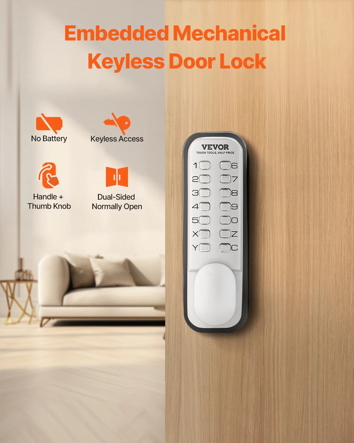 Mechanical keyless door lock with numeric keypad on a wooden door, featuring no battery and dual-sided access, in a modern living room setting.