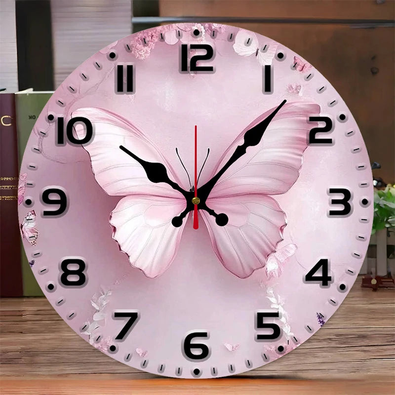 Pink Butterfly Wooden Round Silent Hanging Wall Clock with black numerals and red second hand, perfect for living room or office decoration.