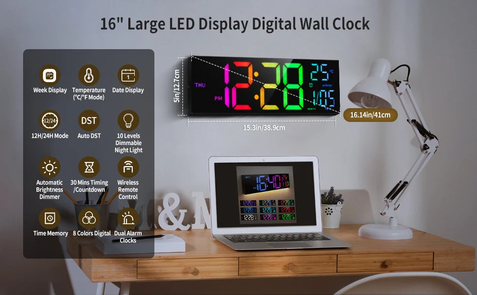 16" B Large Digital Wall Clock, Big LED Display with Remote, 8 RGB Color, Alarm, DST, Temperature for Living Room, Office