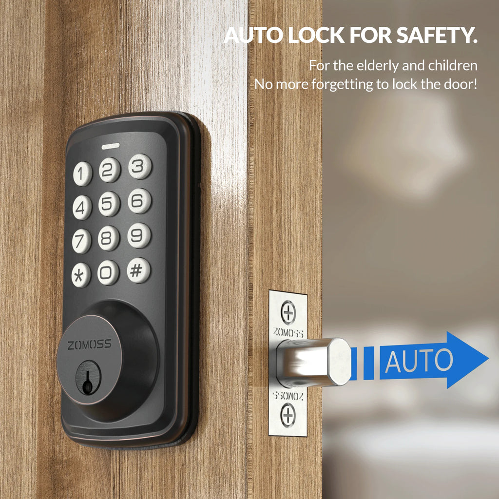 ZOMOSS Smart Keypad Door Lock with digital code entry and auto-lock feature installed on a wooden door.
