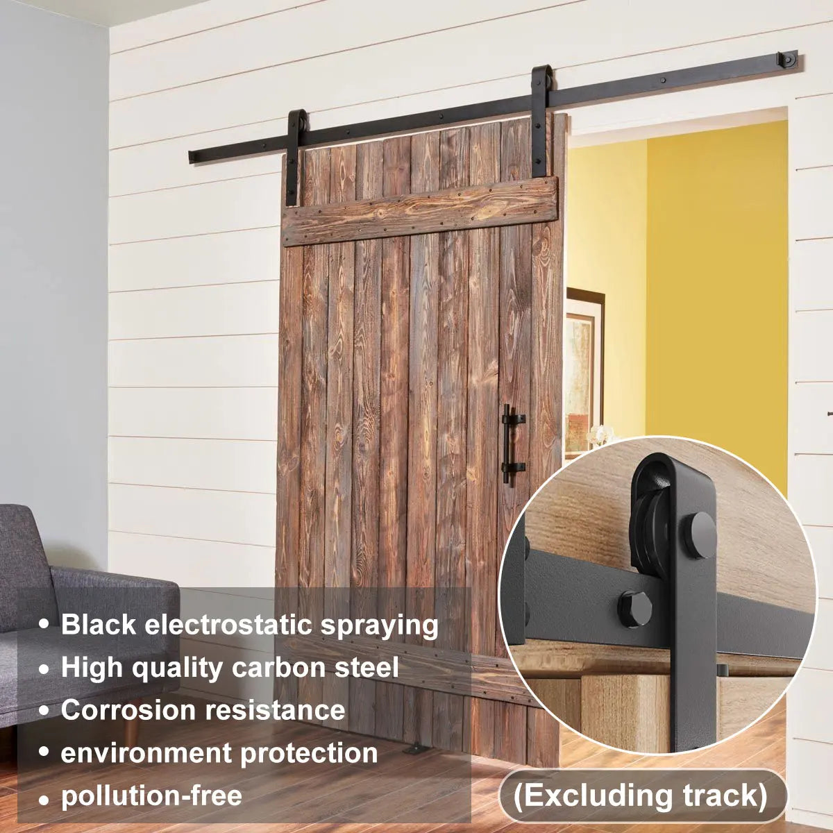 Sliding barn door hardware kit with J shape hanger on rustic wooden door, featuring black electostatic spraying and high-quality carbon steel.