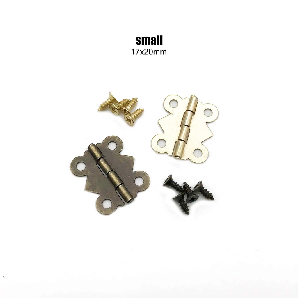 12pcs Small Heavy Duty Butterfly Shape Wooden Music Box Hinge with screws, shown in brass and black colors, on a white background.