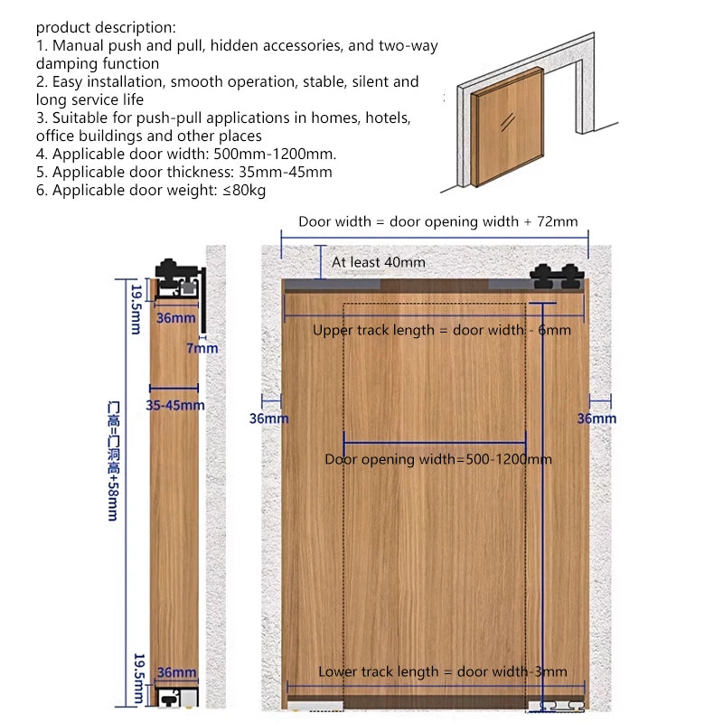 Diagram of Hidden Ghost Door Track Hardware Sliding Door Kit with dimensions for door widths 700mm-1200mm, featuring aluminum alloy track and hidden accessories.